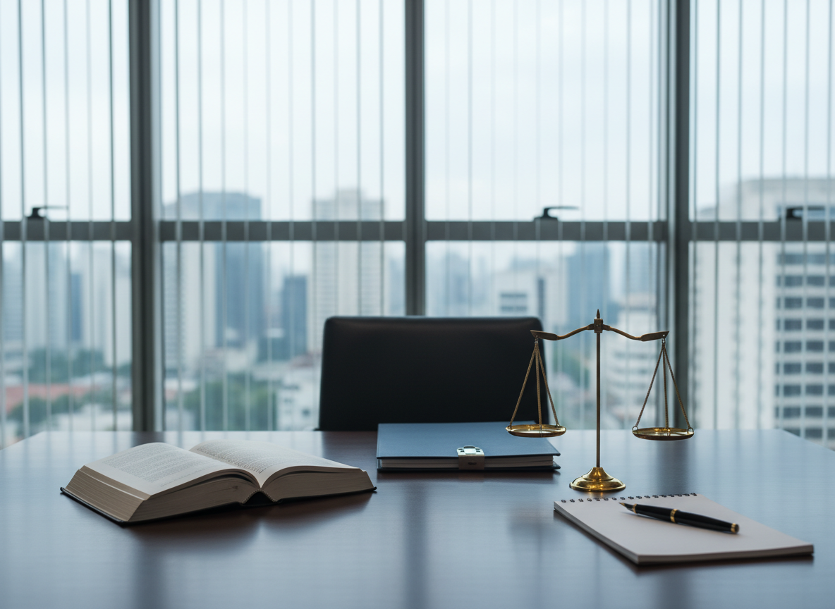 An elegant law office-inspired consultation space representing psychological legal work: a dark walnut table with a subtle satin finish, neatly arranged with an open legal code book, a closed navy-blue case file folder, a classic brass scale of justice, and a fountain pen resting on a crisp notepad. Behind, tall windows with translucent blinds reveal a soft, out-of-focus cityscape hinting at São Paulo’s skyline. Cool, overcast daylight enters, creating balanced, shadow-free illumination that emphasizes clarity and seriousness. Framed at eye level with a moderate depth of field, the foreground objects are sharply defined while the city remains gently blurred. Photographic realism, minimalist and sophisticated, suggesting rigor, ethics, and thoughtful psychological assessment within the legal context.