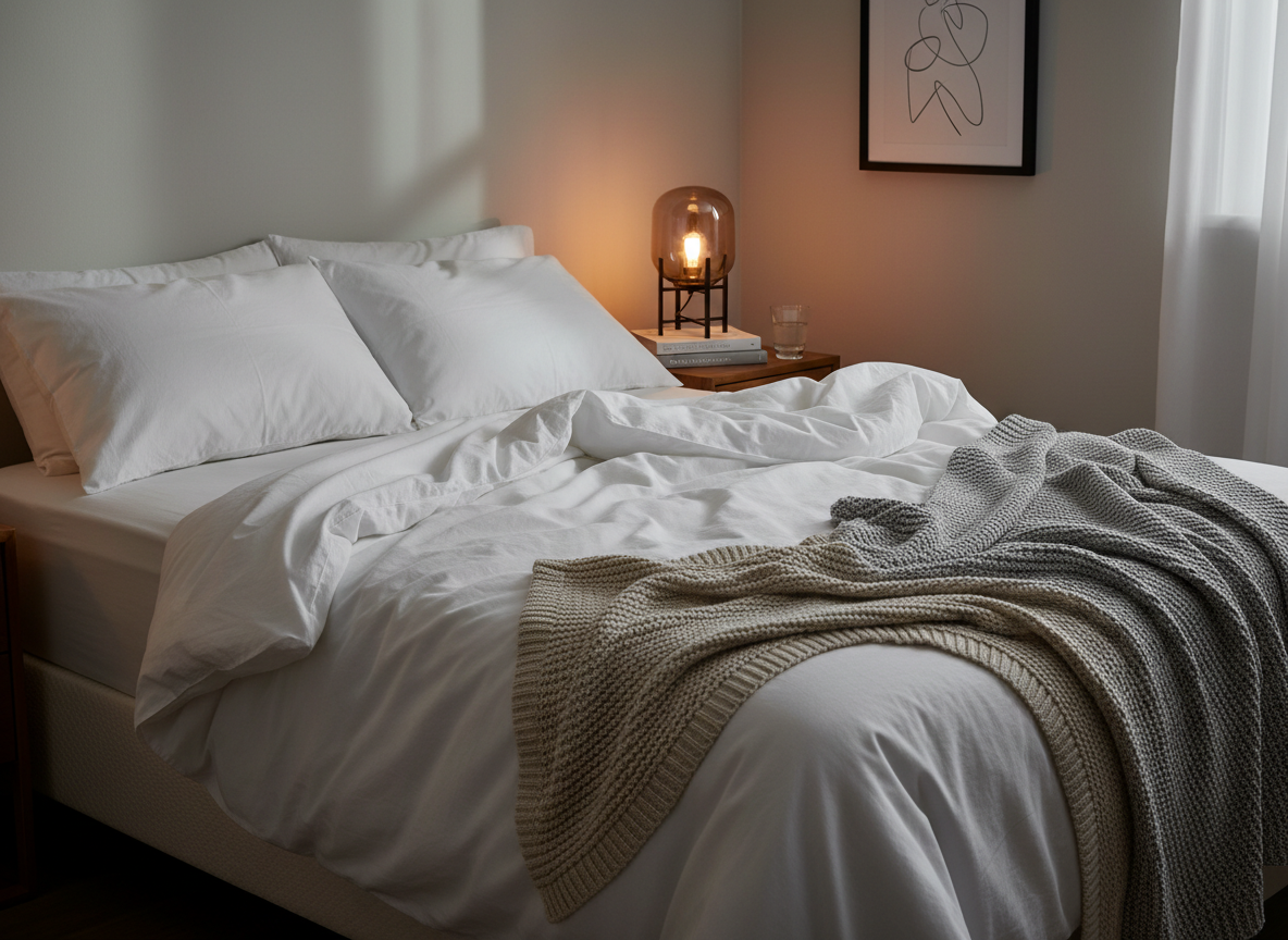 A tranquil bedroom scene symbolizing relief from chronic pain: an unmade bed with high-quality white cotton linens gently creased, a light beige knitted blanket partially folded at the foot, and a weighted gray throw resting along the side. On the nearby nightstand, an amber glass lamp with a warm, dim glow illuminates a small stack of psychology books and a glass of water. The walls are painted a soft greige, with a single abstract line drawing framed in black. Evening light mixes with the lamp’s warmth, casting soothing, soft shadows. Captured from a three-quarter angle at mattress height, the photographic realism and balanced composition evoke comfort, rest, and the subtle promise of physical and emotional relief.