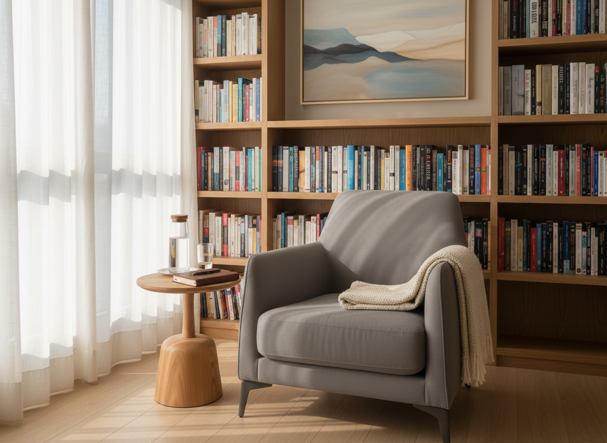 A neatly arranged therapy room corner featuring a contemporary, soft-gray upholstered armchair with a textured wool throw folded over the arm and a small side table in light oak holding a closed leather-bound notebook and a glass carafe of water. Behind, tall bookshelves with carefully organized psychology books and a subtle abstract painting in muted blues and sand tones. Soft late-afternoon natural light filters through sheer white curtains, creating gentle shadows and a calm glow. Photographed at eye level with a shallow depth of field, focusing on the chair and table, the atmosphere feels sophisticated, safe, and serene, embodying a high-end psychotherapy space in São Paulo. Photographic realism, clean and modern aesthetic.