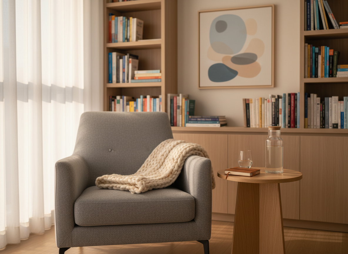 A neatly arranged therapy room corner featuring a contemporary, soft-gray upholstered armchair with a textured wool throw folded over the arm and a small side table in light oak holding a closed leather-bound notebook and a glass carafe of water. Behind, tall bookshelves with carefully organized psychology books and a subtle abstract painting in muted blues and sand tones. Soft late-afternoon natural light filters through sheer white curtains, creating gentle shadows and a calm glow. Photographed at eye level with a shallow depth of field, focusing on the chair and table, the atmosphere feels sophisticated, safe, and serene, embodying a high-end psychotherapy space in São Paulo. Photographic realism, clean and modern aesthetic.