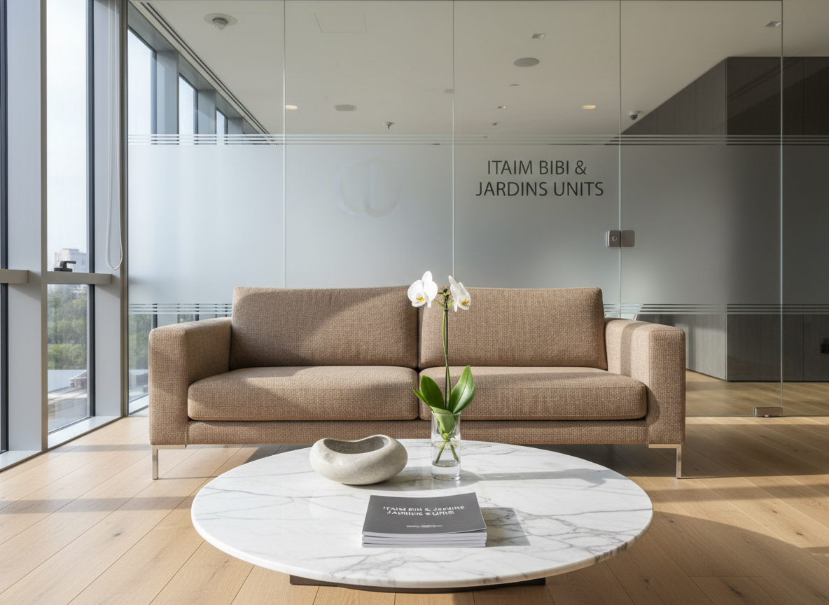 A serene waiting area of a high-end psychotherapy clinic: a low, modern sofa in warm taupe fabric faces a round marble-topped coffee table holding neatly stacked bilingual brochures in Portuguese and English, a small sculptural stone bowl, and a single white orchid in a slender glass vase. The floor is light wood, and the background shows a glass door with subtle frosted lettering indicating Itaim Bibi and Jardins units. Morning natural light floods in from floor-to-ceiling windows, creating bright but soft illumination and gentle reflections on the marble. Shot from a slightly elevated wide angle, with clear focus across the scene, the photographic realism and clean, contemporary design convey welcome, professionalism, and cosmopolitan sophistication.