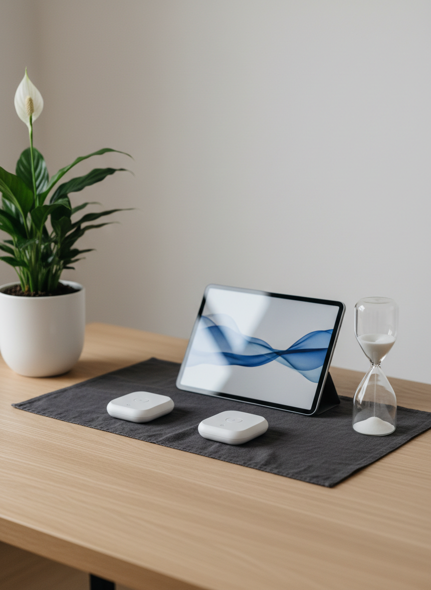 A close-up of a minimalist wooden desk in a quiet consultation room, displaying a structured layout of EMDR therapy tools: a discreet pair of wireless tactile buzzers resting on a dark linen mat, a slim tablet with an abstract light pattern paused on screen, and an elegant sand timer with fine white sand mid-fall. The desk surface is smooth, pale oak, with a single potted peace lily in a matte white ceramic pot at the edge. Soft, diffused daylight enters from an unseen window, creating delicate reflections on the tablet. Shot from a slightly elevated angle with crisp focus, the scene communicates precision, innovation, and calm professionalism. Photographic realism with a sophisticated, understated color palette.
