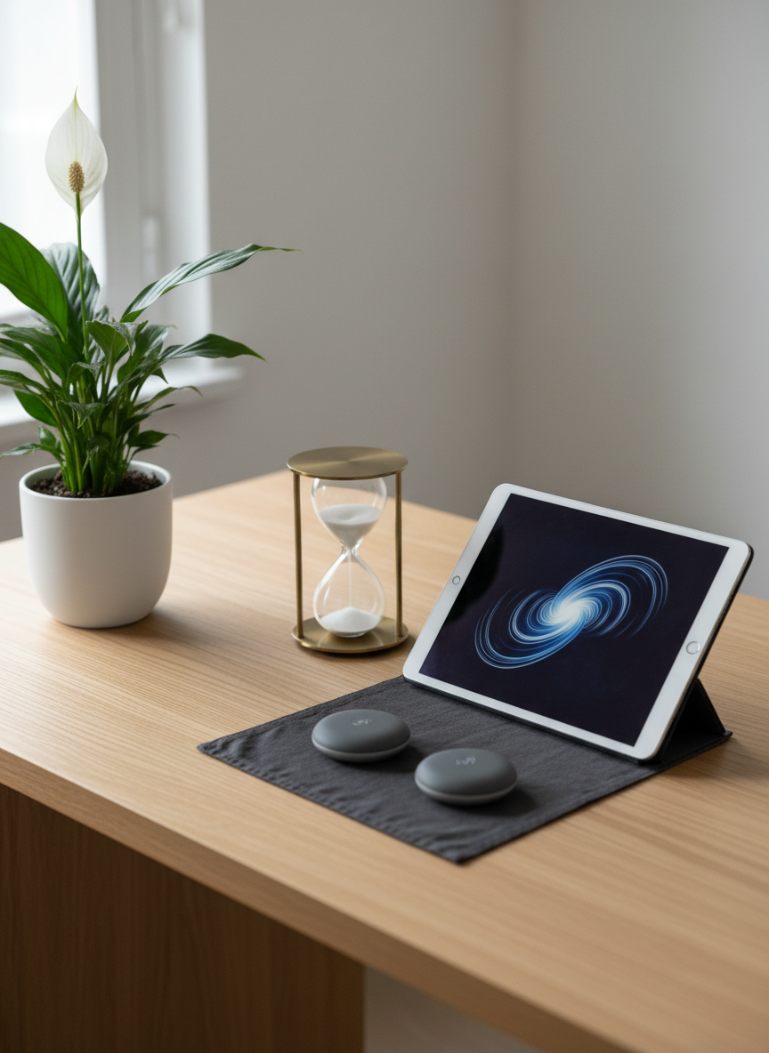 A close-up of a minimalist wooden desk in a quiet consultation room, displaying a structured layout of EMDR therapy tools: a discreet pair of wireless tactile buzzers resting on a dark linen mat, a slim tablet with an abstract light pattern paused on screen, and an elegant sand timer with fine white sand mid-fall. The desk surface is smooth, pale oak, with a single potted peace lily in a matte white ceramic pot at the edge. Soft, diffused daylight enters from an unseen window, creating delicate reflections on the tablet. Shot from a slightly elevated angle with crisp focus, the scene communicates precision, innovation, and calm professionalism. Photographic realism with a sophisticated, understated color palette.